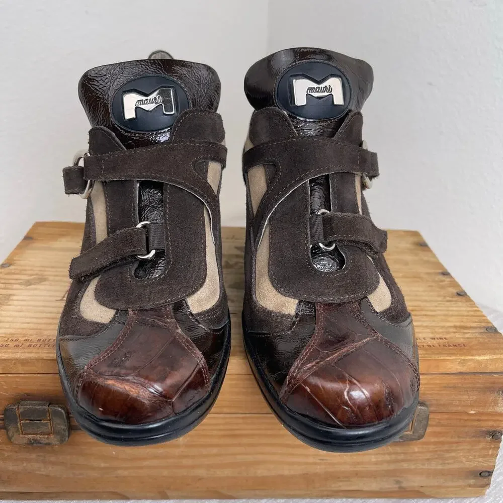 Mauri Suprema 8651 Women 9 Brown Baby Crocodile Suede Patent Leather Wedge Shoes